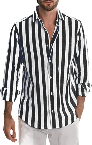 Linen Shirts for Men Long Sleeve Striped Tshirts Summer Casual Fashion Work Tops Lightweight Breathable Clothes