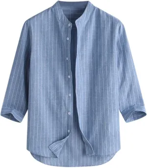Linen Shirts for Men Men's Casual Summer 3/4 Sleeve Stripped Button Down Shirts Henley Shirt Curved Hem Beach Shirts