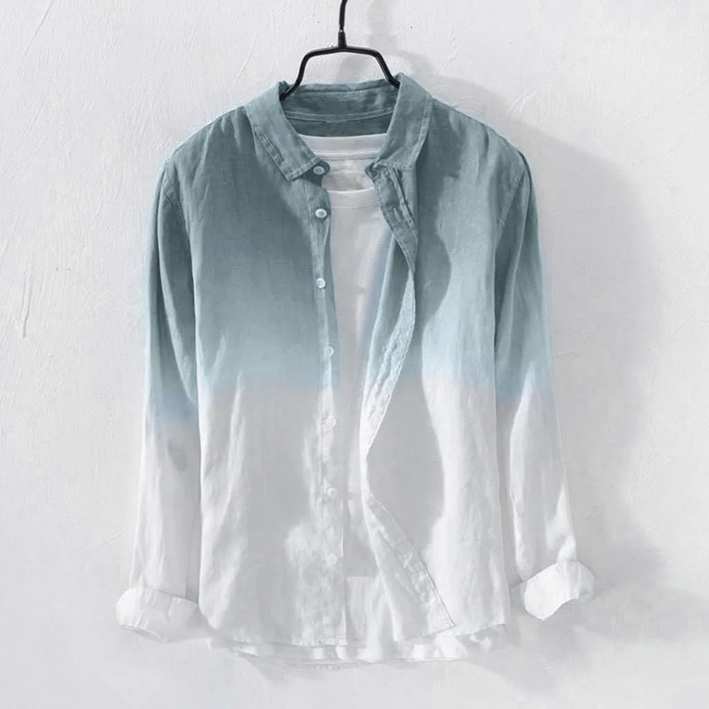 Linen Shirts for Men Men's Long Sleeve Summer Button Down Gradient Casual Hawaiian Holiday Beach Shirts Blouses Tops