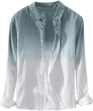 Linen Shirts for Men Men's Long Sleeve Summer Button Down Gradient Casual Hawaiian Holiday Beach Shirts Blouses Tops