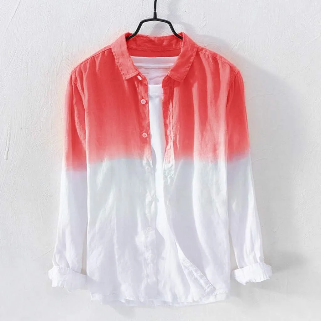 Linen Shirts for Men Men's Long Sleeve Summer Button Down Gradient Casual Hawaiian Holiday Beach Shirts Blouses Tops