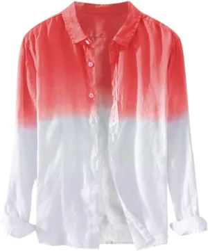 Linen Shirts for Men Men's Long Sleeve Summer Button Down Gradient Casual Hawaiian Holiday Beach Shirts Blouses Tops