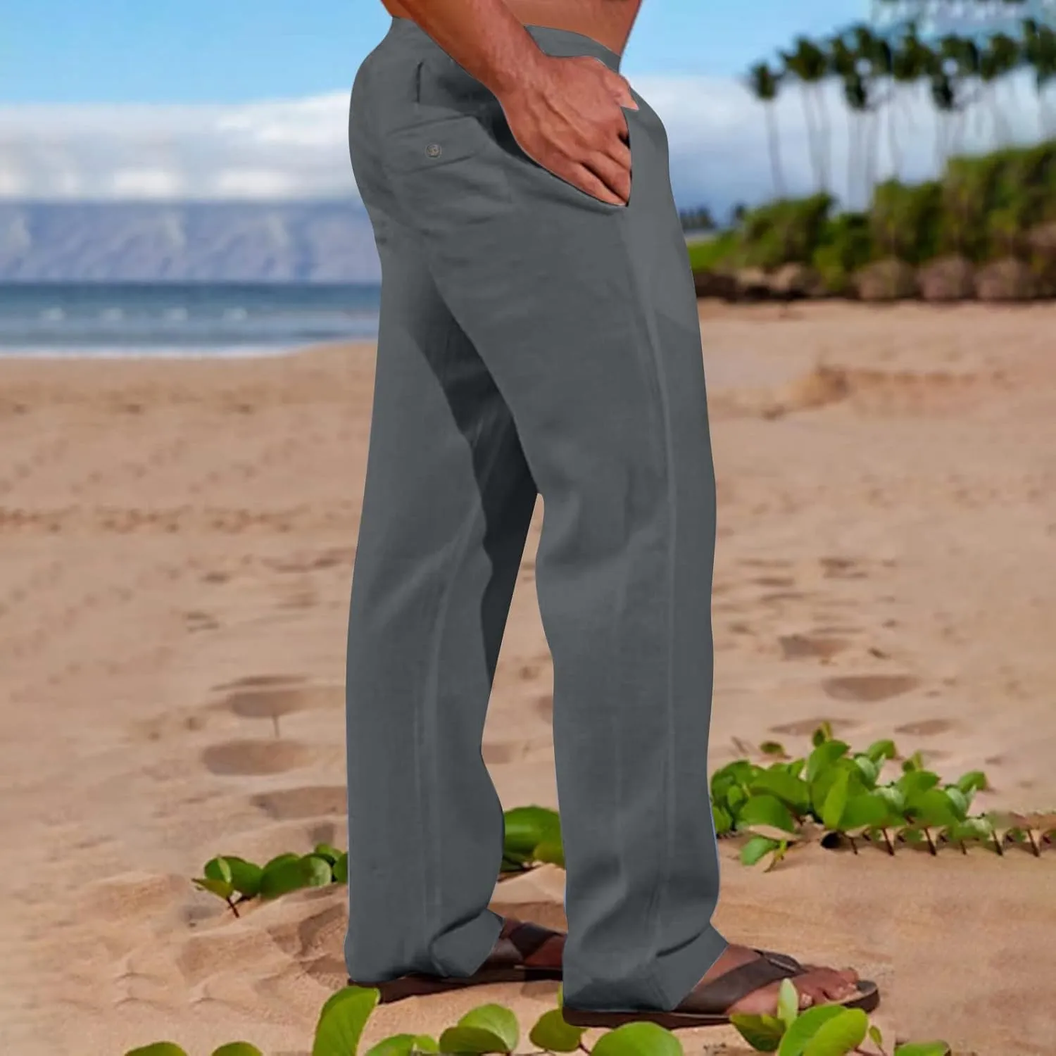 Linen Trousers for Men Straight Leg Dress Pants Elastic Waist Drawstring Pants Slim Fit Summer Pants with Pockets