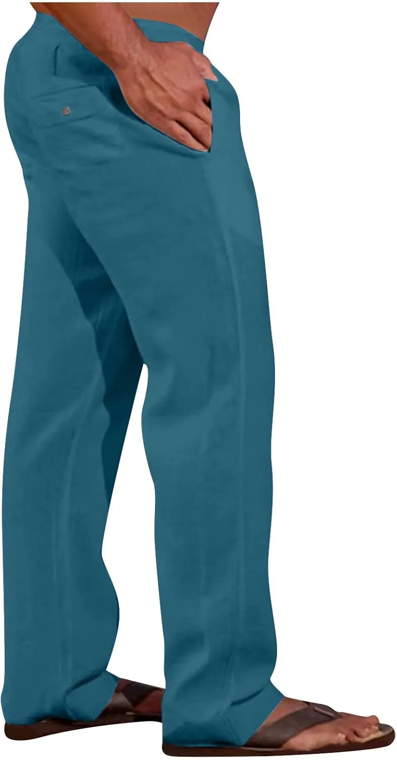 Linen Trousers for Men Straight Leg Dress Pants Elastic Waist Drawstring Pants Slim Fit Summer Pants with Pockets