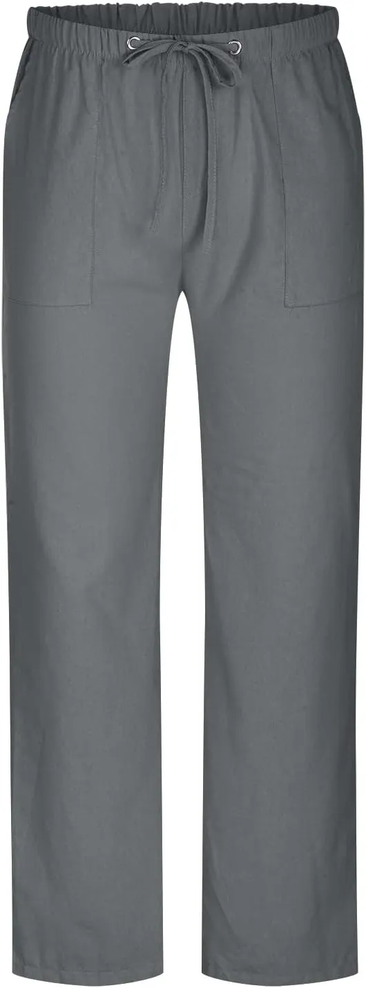 Linen Trousers for Men Straight Leg Dress Pants Elastic Waist Drawstring Pants Slim Fit Summer Pants with Pockets