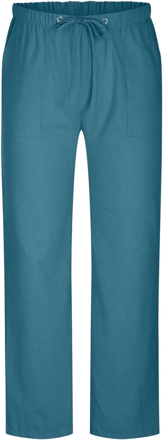 Linen Trousers for Men Straight Leg Dress Pants Elastic Waist Drawstring Pants Slim Fit Summer Pants with Pockets