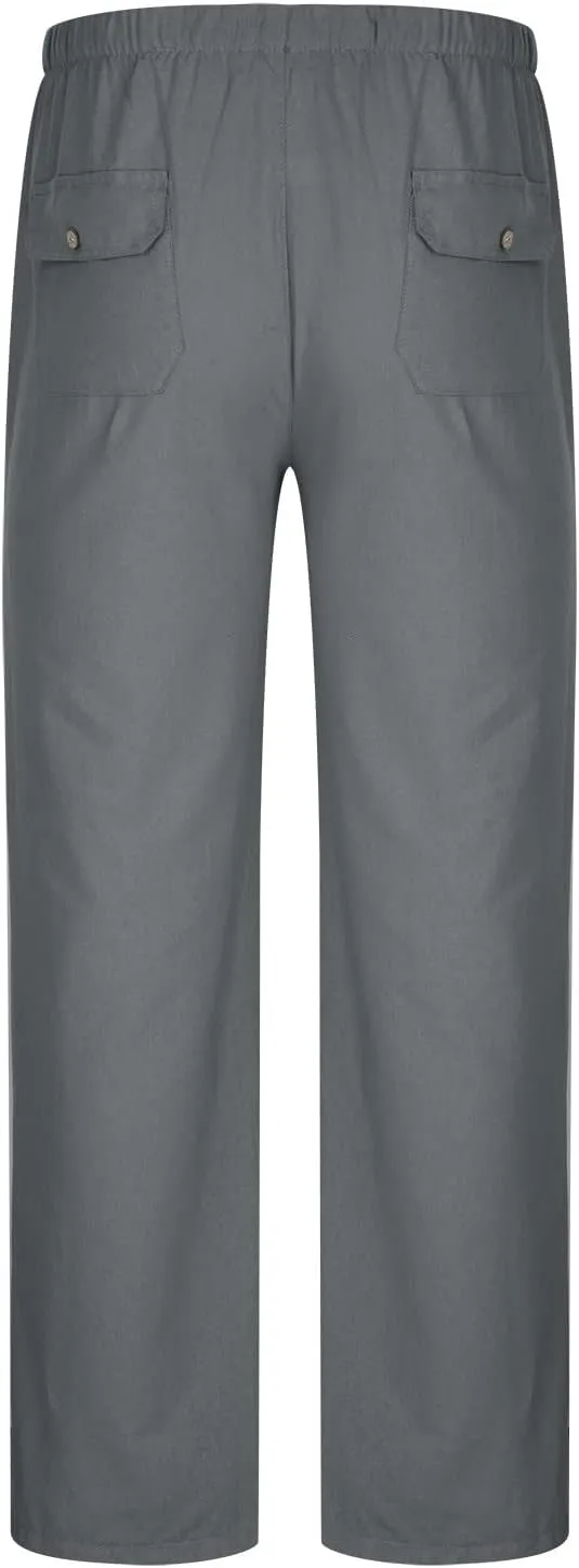 Linen Trousers for Men Straight Leg Dress Pants Elastic Waist Drawstring Pants Slim Fit Summer Pants with Pockets