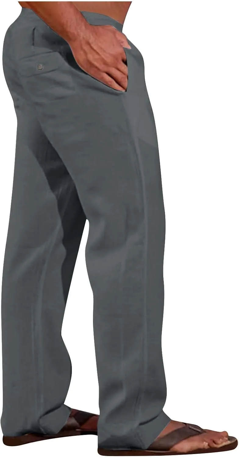 Linen Trousers for Men Straight Leg Dress Pants Elastic Waist Drawstring Pants Slim Fit Summer Pants with Pockets