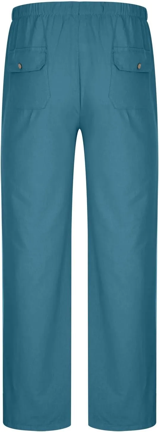Linen Trousers for Men Straight Leg Dress Pants Elastic Waist Drawstring Pants Slim Fit Summer Pants with Pockets
