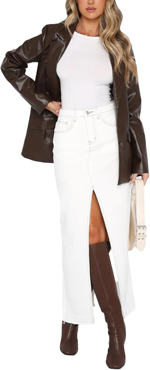 lisenraIn Women Long Denim Skirt Front Slit Maxi Skirt Y2K Fashion Streetwear High Waist Jean Skirt with Pockets