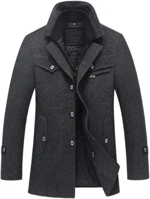 Litteking Men's Winter Pea Coat Casual Woolen Trench Coat Single Breasted Short Wool Jacket