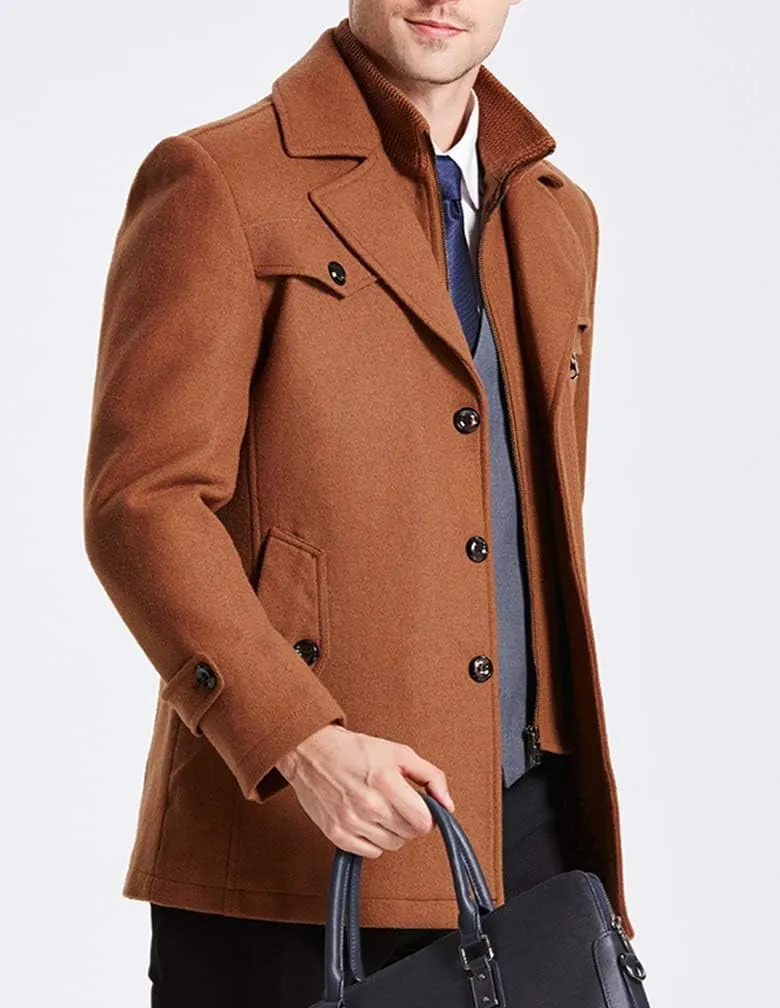 Litteking Men's Winter Pea Coat Casual Woolen Trench Coat Single Breasted Short Wool Jacket