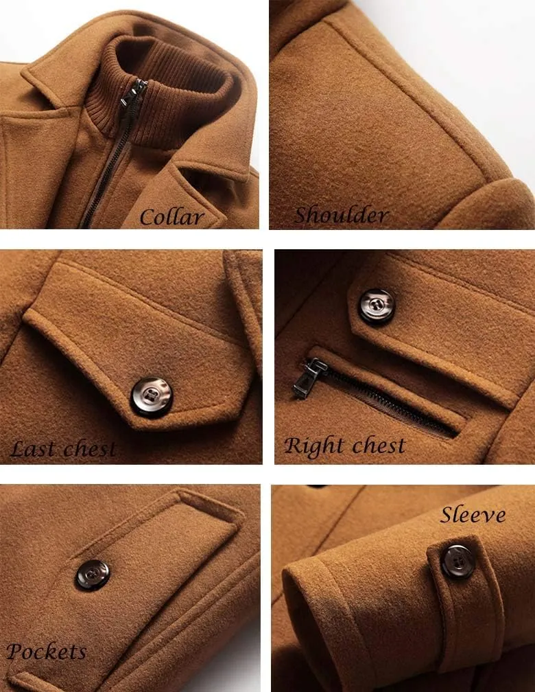 Litteking Men's Winter Pea Coat Casual Woolen Trench Coat Single Breasted Short Wool Jacket
