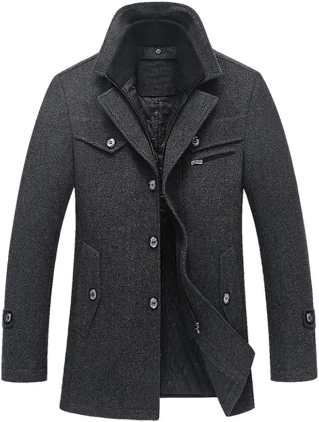 Litteking Men's Winter Pea Coat Casual Woolen Trench Coat Single Breasted Short Wool Jacket