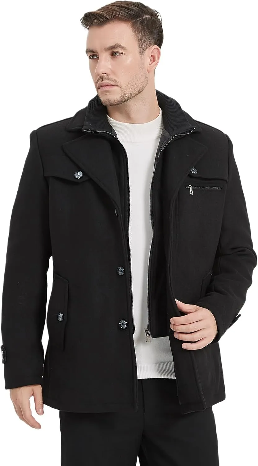 Litteking Men's Winter Pea Coat Casual Woolen Trench Coat Single Breasted Short Wool Jacket