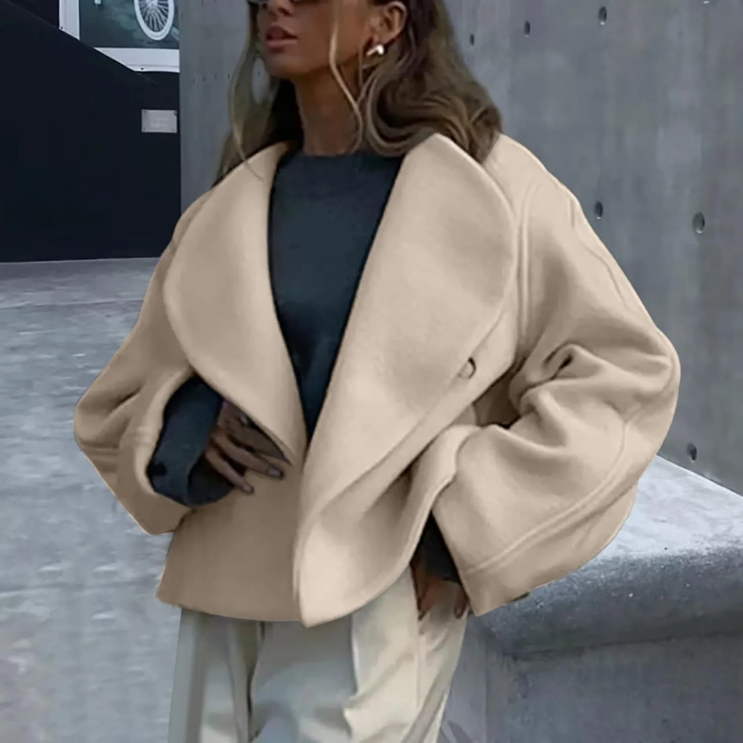 Lmdudan Women Warm Pea Coat Notched Lapel Neck Cropped Double Breasted Button Down Trench Overcoat Jackets with Pockets 2024