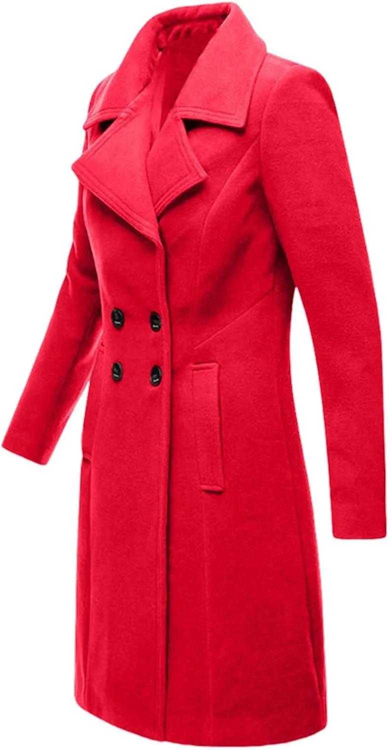 Lmdudan Women's Double Breasted Pea Coat Long Winter Trench Coat Classic Lapel Long Sleeve Jackets Outerwear with Pockets