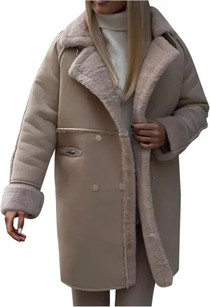 Lmdudan Women's Winter Trench Coat Notched Lapel Double Breasted Jacket Sherpa Fleece Faux Suede Leather Overcoat with Pocket
