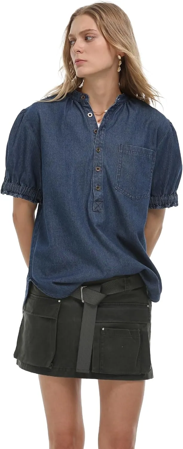 Locachy Women's Half Button Mock Neck Denim Shirt Casual Puff Short Sleeve Denim Blouse Top