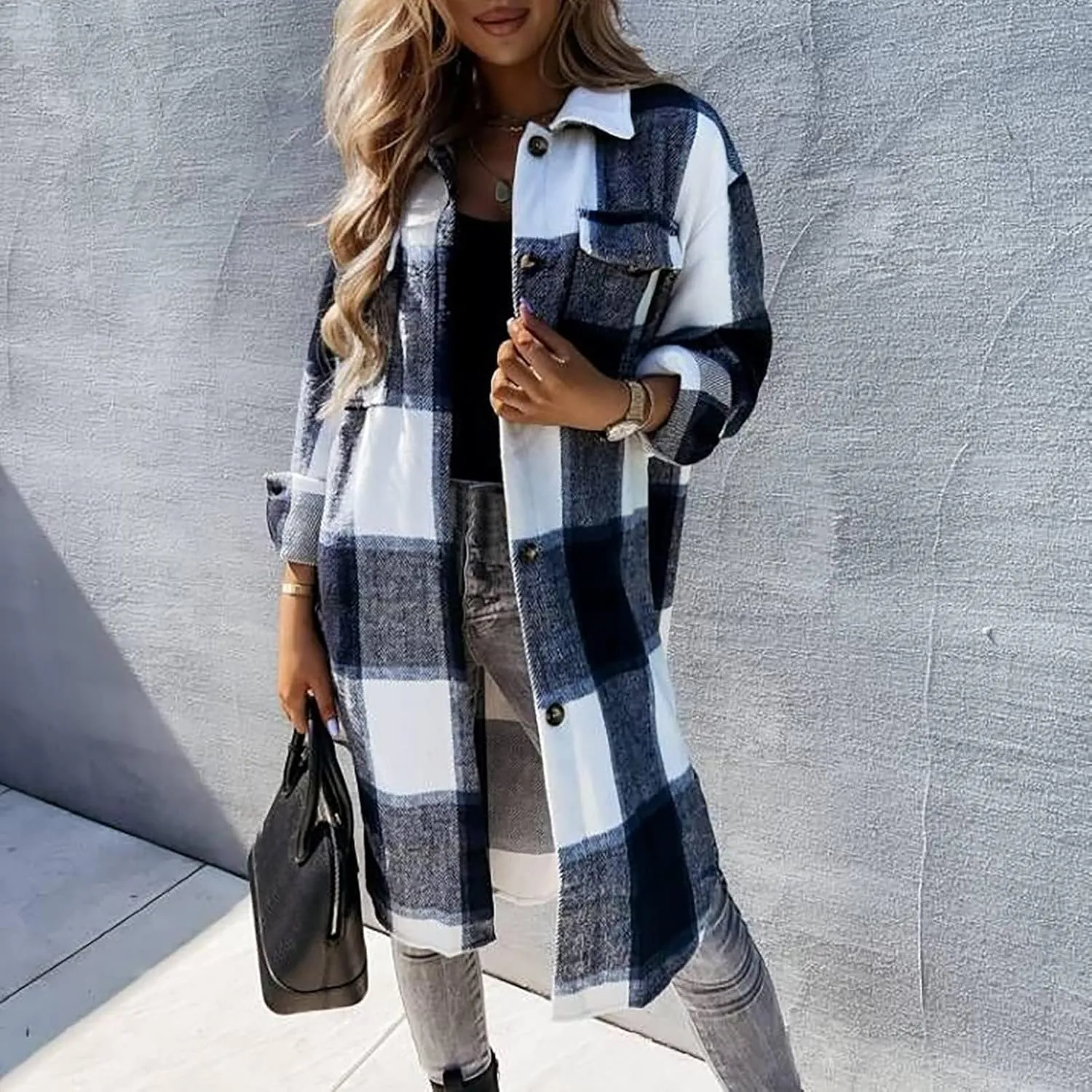 Long Flannel Jacket Women Plaid Shacket Shirt Casual Button Wool Blend Winter Tartan Trench Coat Oversized with Pocket