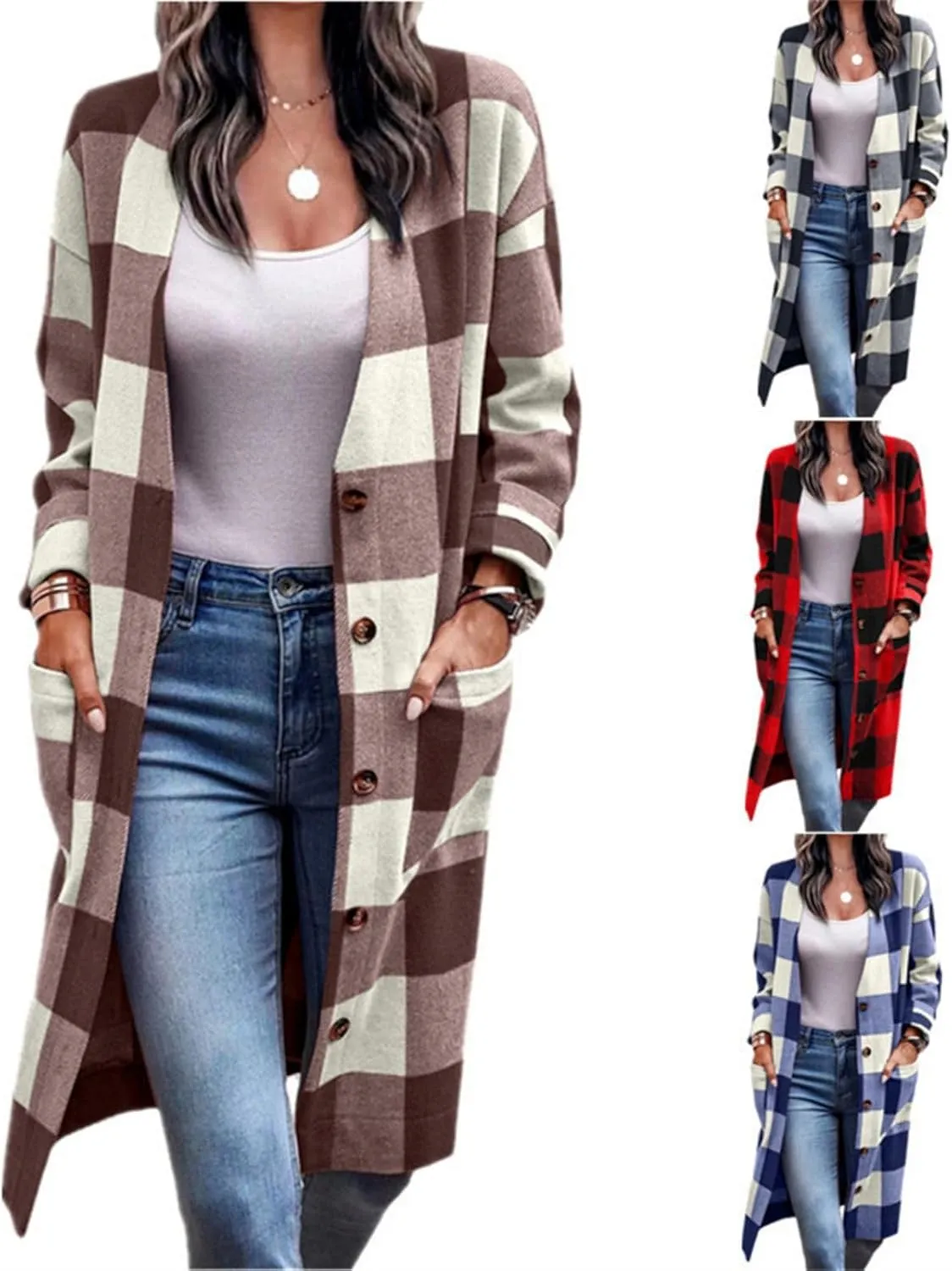 Long Flannel Jacket Women Plaid Shacket Shirt Casual Button Wool Blend Winter Tartan Trench Coat Oversized with Pocket