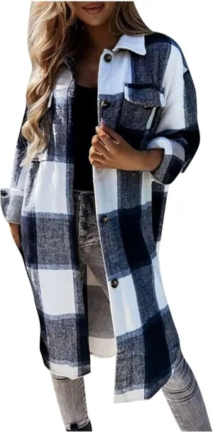 Long Flannel Jacket Women Plaid Shacket Shirt Casual Button Wool Blend Winter Tartan Trench Coat Oversized with Pocket