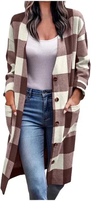 Long Flannel Jacket Women Plaid Shacket Shirt Casual Button Wool Blend Winter Tartan Trench Coat Oversized with Pocket