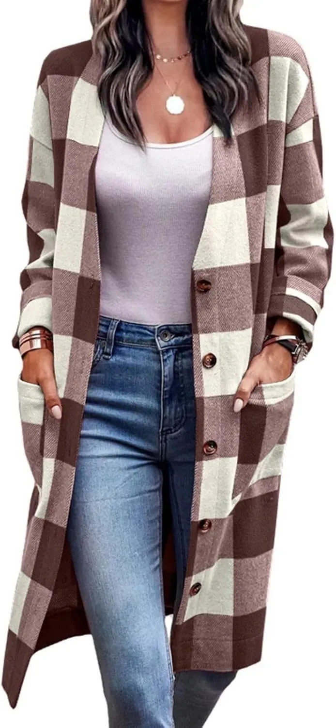 Long Flannel Jacket Women Plaid Shacket Shirt Casual Button Wool Blend Winter Tartan Trench Coat Oversized with Pocket