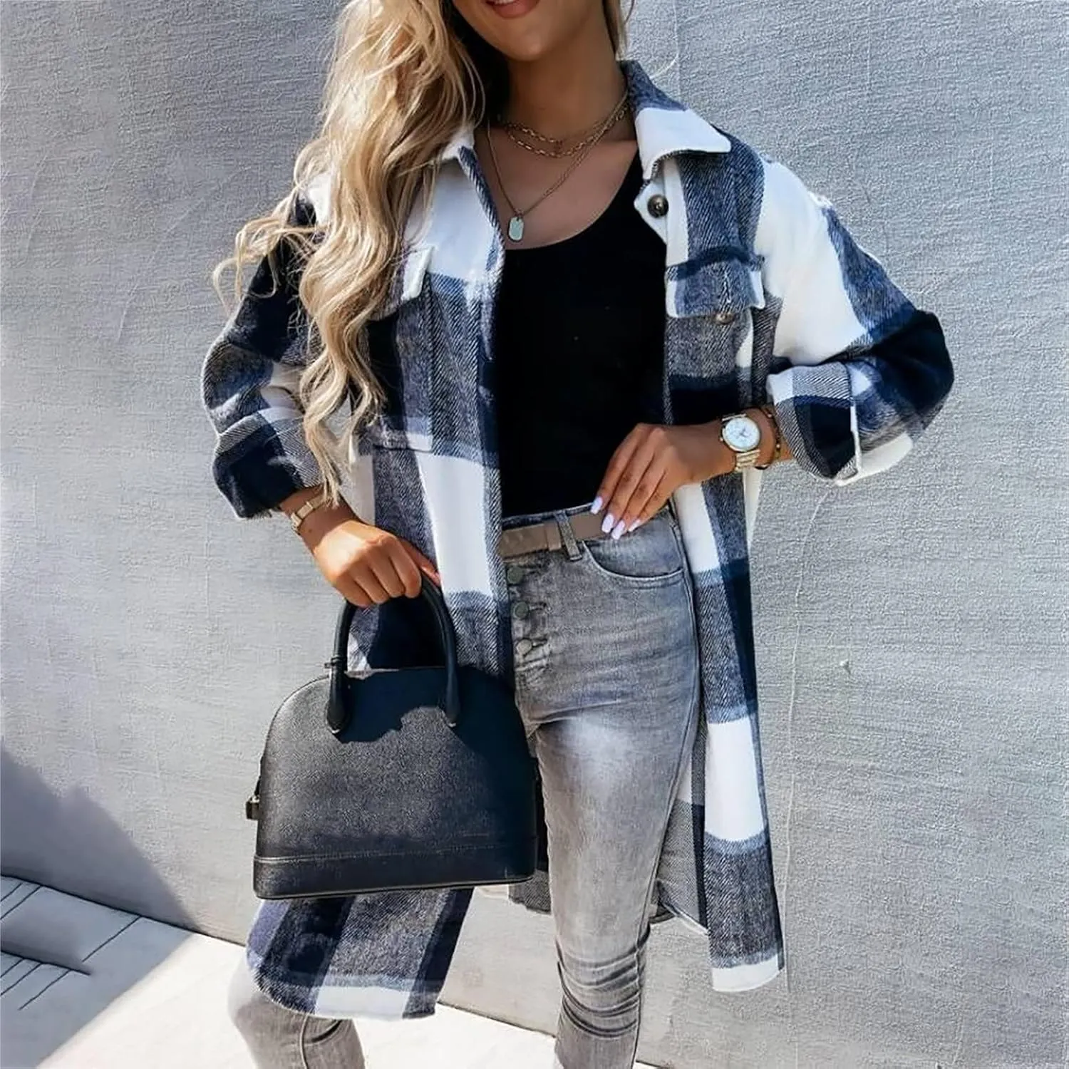 Long Flannel Jacket Women Plaid Shacket Shirt Casual Button Wool Blend Winter Tartan Trench Coat Oversized with Pocket