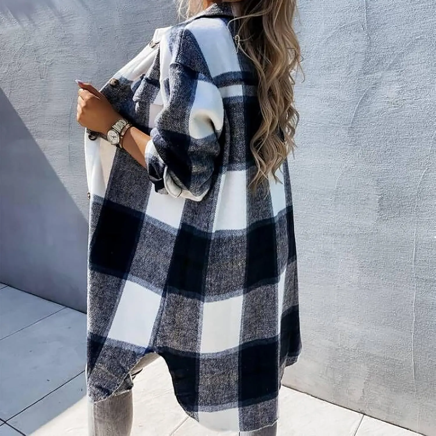 Long Flannel Jacket Women Plaid Shacket Shirt Casual Button Wool Blend Winter Tartan Trench Coat Oversized with Pocket