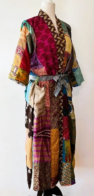 Long Patchwork Silk Kimono With 3/4 Sleeves Celebrates Color (Handmade)