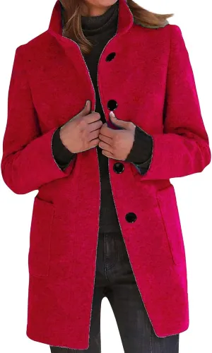 Long Pea Coats for Women Winter Stand Collar Single Breasted Wool Coats Wool Blend Peacoat Thicken Blazer Jacket