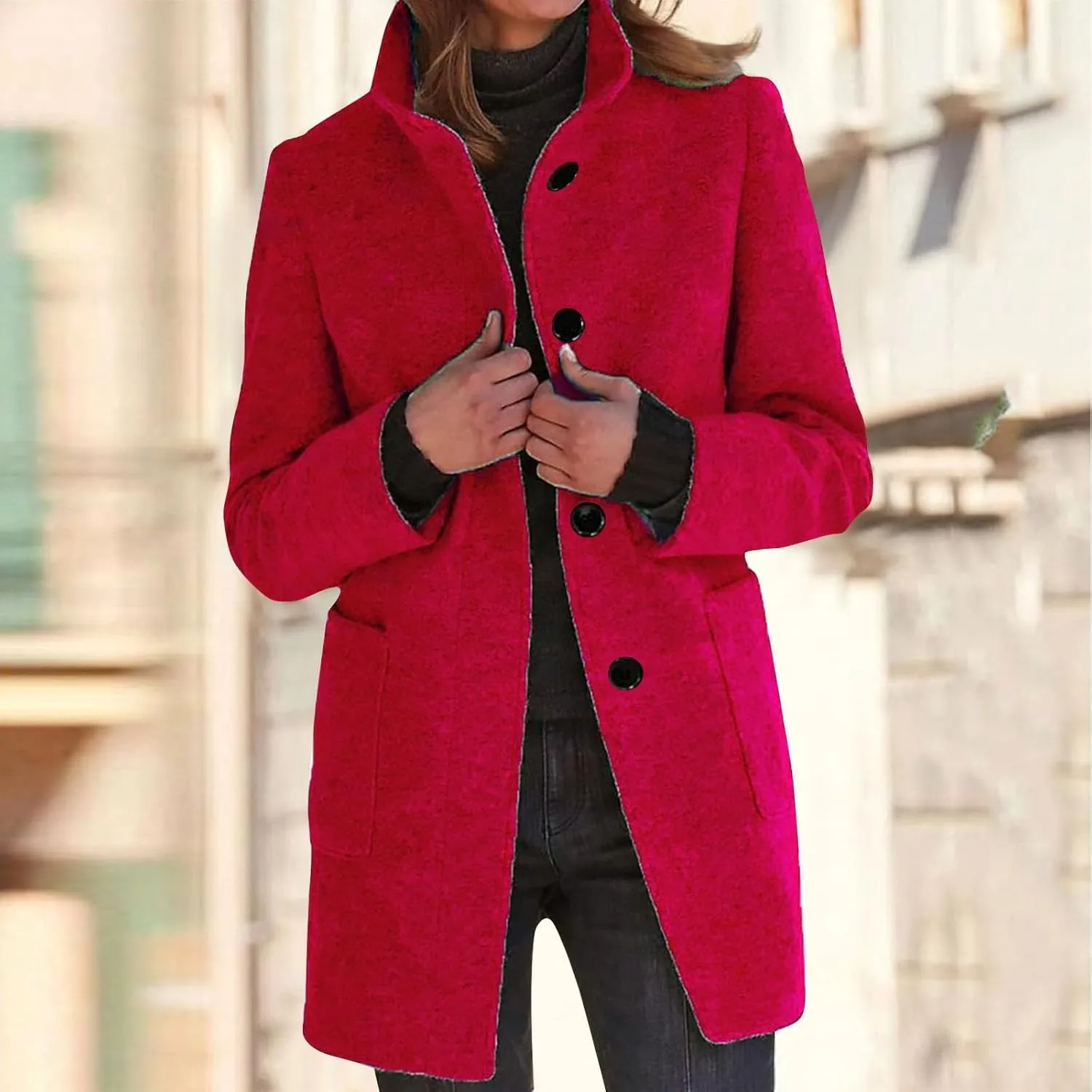 Long Pea Coats for Women Winter Stand Collar Single Breasted Wool Coats Wool Blend Peacoat Thicken Blazer Jacket