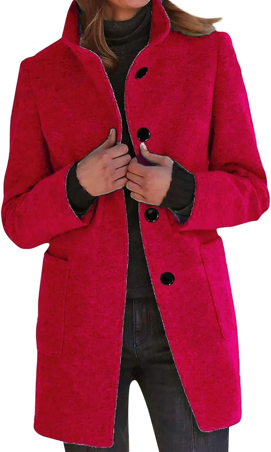 Long Pea Coats for Women Winter Stand Collar Single Breasted Wool Coats Wool Blend Peacoat Thicken Blazer Jacket