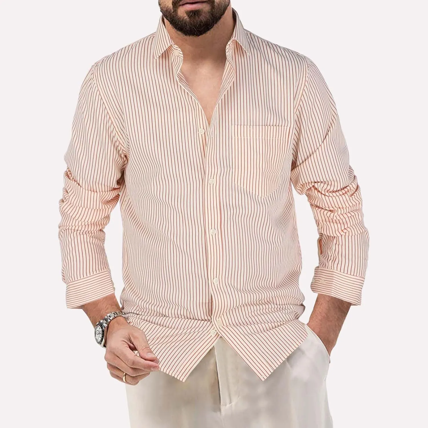 Long Sleeve Button Up Shirts for Men Striped Shirt with Pocket Summer Casual Work Top Lightweight Breathable Clothes