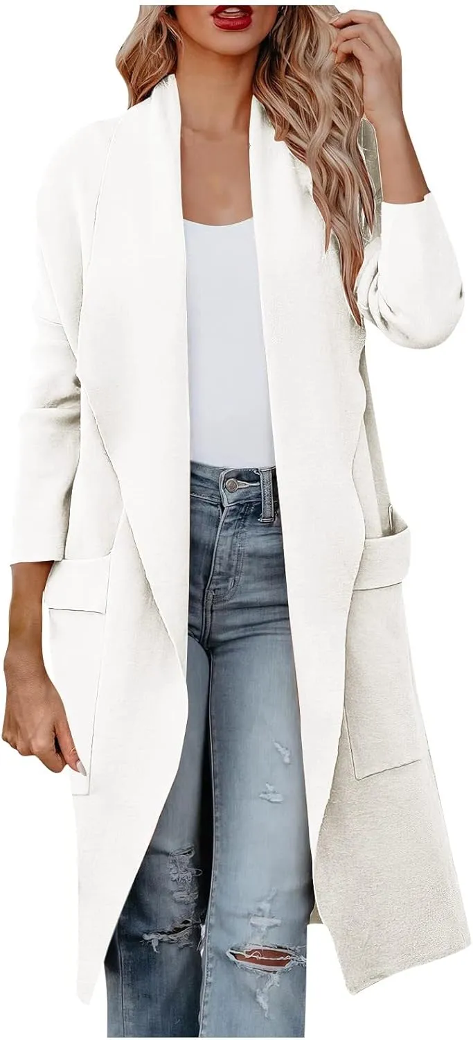 Long Winter Coat Womens Long Pea Coats Classic Lapel Collar Open Front Wool Blend Trench Coat Dressy Casual Business Midi Long Jackets White X-Large
