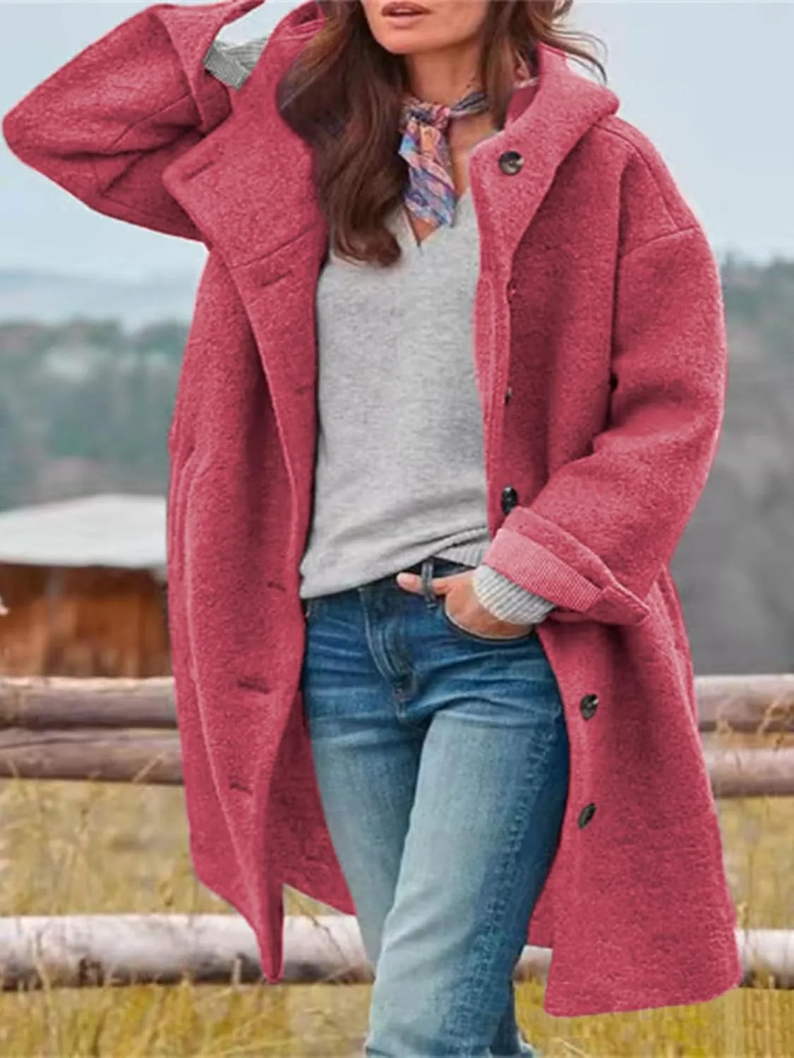 Long Wool Coat Women Casual Single Breasted Hooded Jacket Wool Blend Pea Coat Winter Trench Coat Jacket
