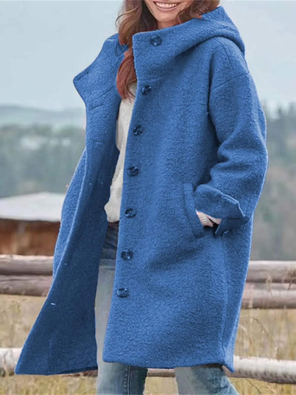 Long Wool Coat Women Casual Single Breasted Hooded Jacket Wool Blend Pea Coat Winter Trench Coat Jacket