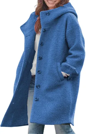 Long Wool Coat Women Casual Single Breasted Hooded Jacket Wool Blend Pea Coat Winter Trench Coat Jacket