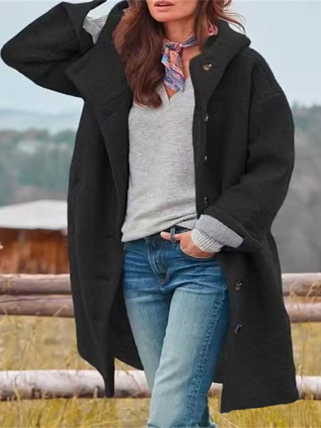 Long Wool Coat Women Casual Single Breasted Hooded Jacket Wool Blend Pea Coat Winter Trench Coat Jacket