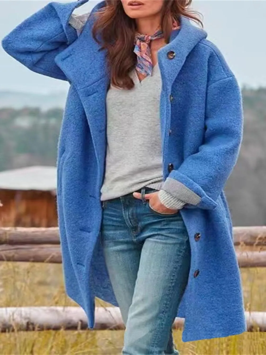 Long Wool Coat Women Casual Single Breasted Hooded Jacket Wool Blend Pea Coat Winter Trench Coat Jacket