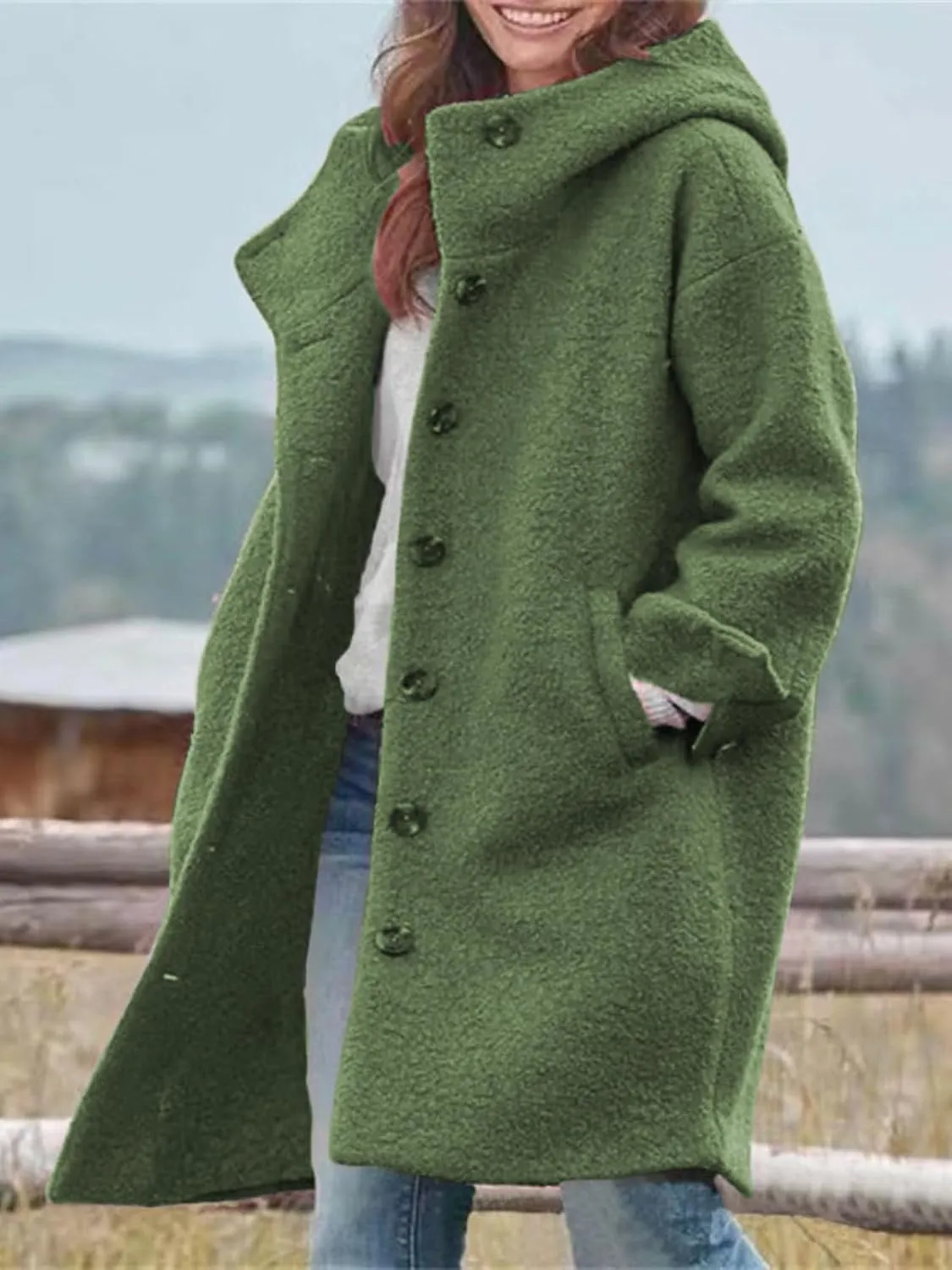 Long Wool Coat Women Casual Single Breasted Hooded Jacket Wool Blend Pea Coat Winter Trench Coat Jacket