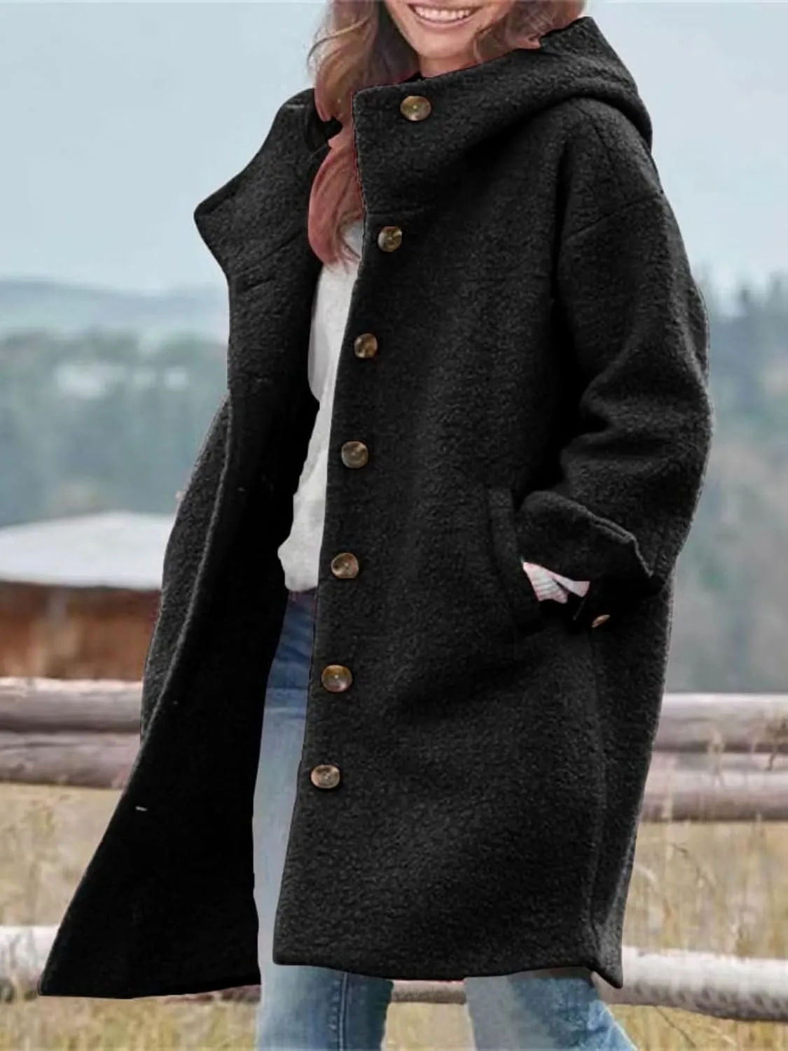 Long Wool Coat Women Casual Single Breasted Hooded Jacket Wool Blend Pea Coat Winter Trench Coat Jacket