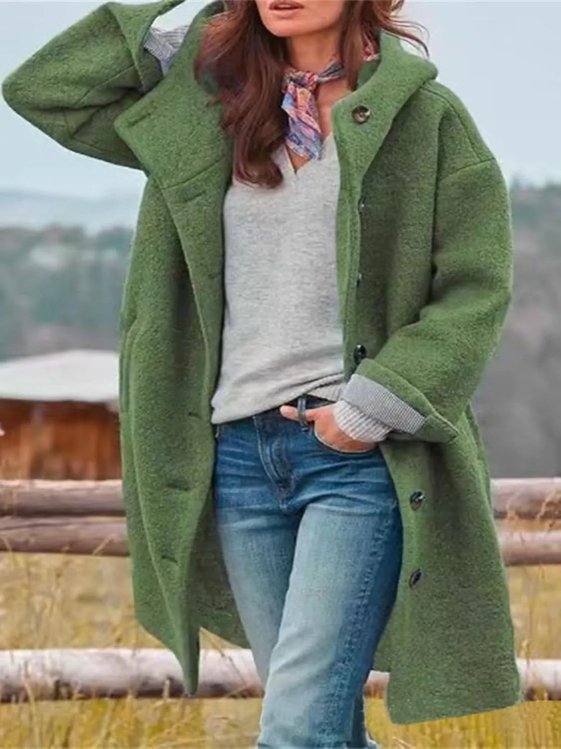 Long Wool Coat Women Casual Single Breasted Hooded Jacket Wool Blend Pea Coat Winter Trench Coat Jacket
