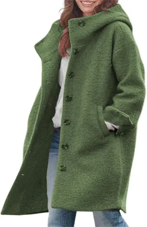 Long Wool Coat Women Casual Single Breasted Hooded Jacket Wool Blend Pea Coat Winter Trench Coat Jacket