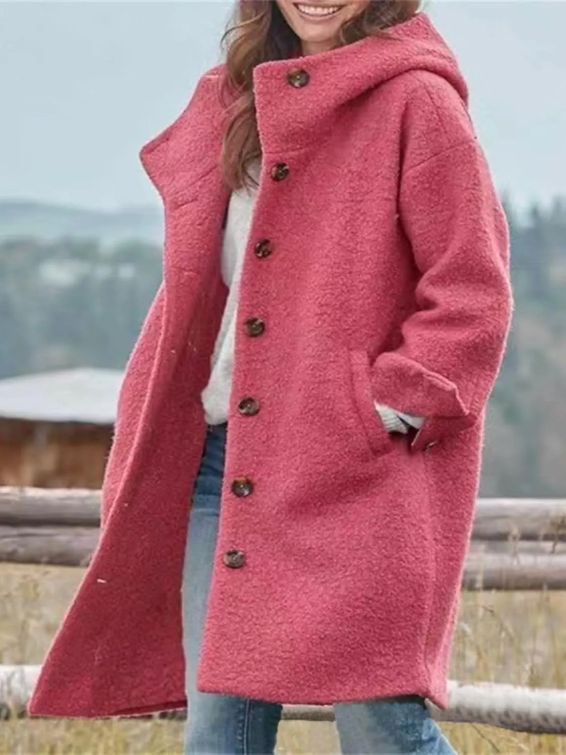 Long Wool Coat Women Casual Single Breasted Hooded Jacket Wool Blend Pea Coat Winter Trench Coat Jacket