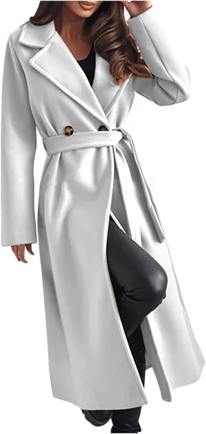 Long Wool Coat Women Winter Blend Long Overcoat Elegant Notched Lapel Collar Trench Coat Temperament Peacoat with Belt