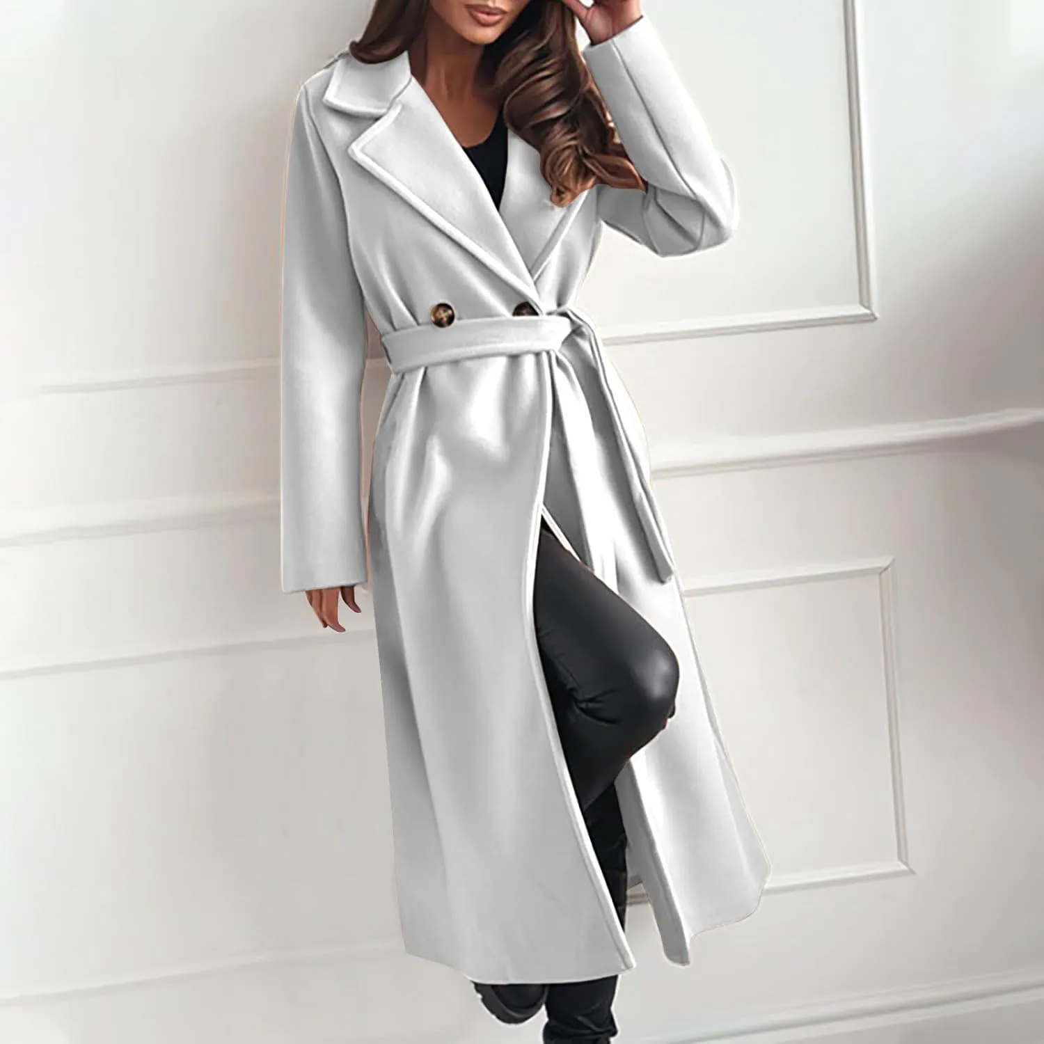 Long Wool Coat Women Winter Blend Long Overcoat Elegant Notched Lapel Collar Trench Coat Temperament Peacoat with Belt