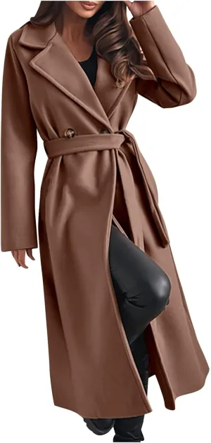Long Wool Coat Women Winter Blend Long Overcoat Elegant Notched Lapel Collar Trench Coat Temperament Peacoat with Belt