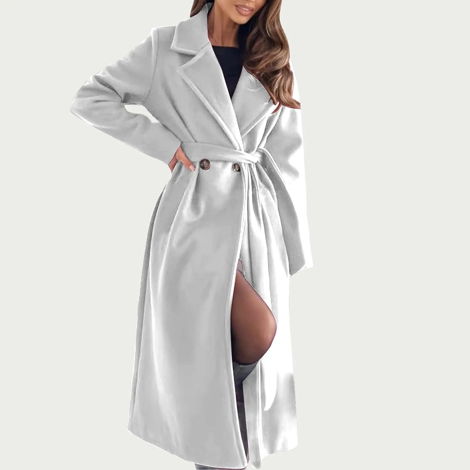 Long Wool Coat Women Winter Blend Long Overcoat Elegant Notched Lapel Collar Trench Coat Temperament Peacoat with Belt